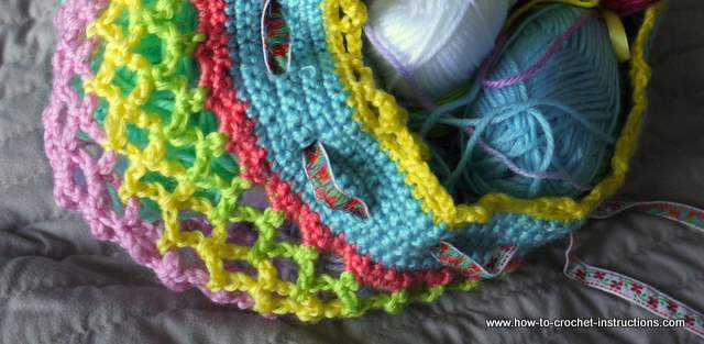 crocheted draw string net bag